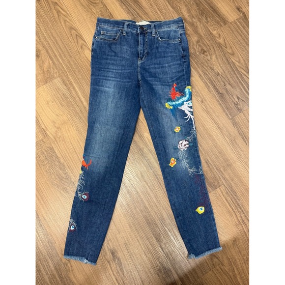 Free People Denim - Free People Embroidered Peacock Skinny Jeans Blue Denim Raw Hem Size 27